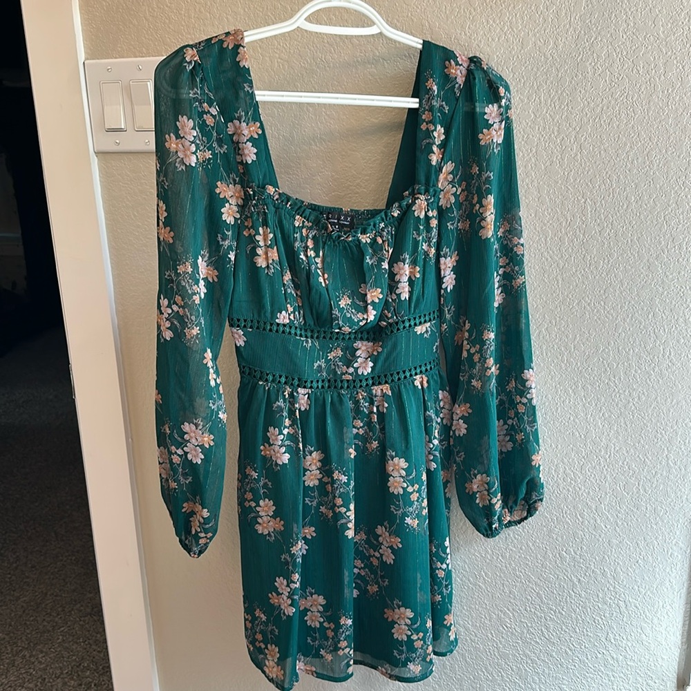 Floral Green baby doll Long Sleeve mini dress fairy forest